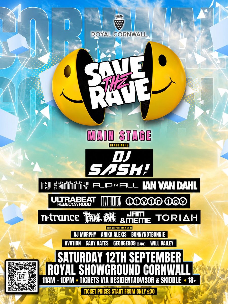 Affiche officielle de Save The Rave: Old Skool Outdoor Festival, Cornwall (Royal Cornwall Showground, Plymouth, Royaume-Uni, 12 septembre 2026)