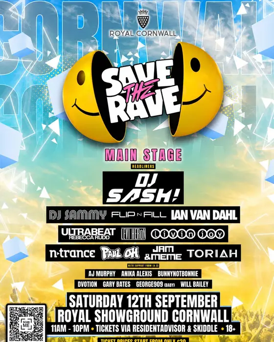 Affiche officielle de Save The Rave: Old Skool Outdoor Festival, Cornwall (Royal Cornwall Showground, Plymouth, Royaume-Uni, 12 septembre 2026)