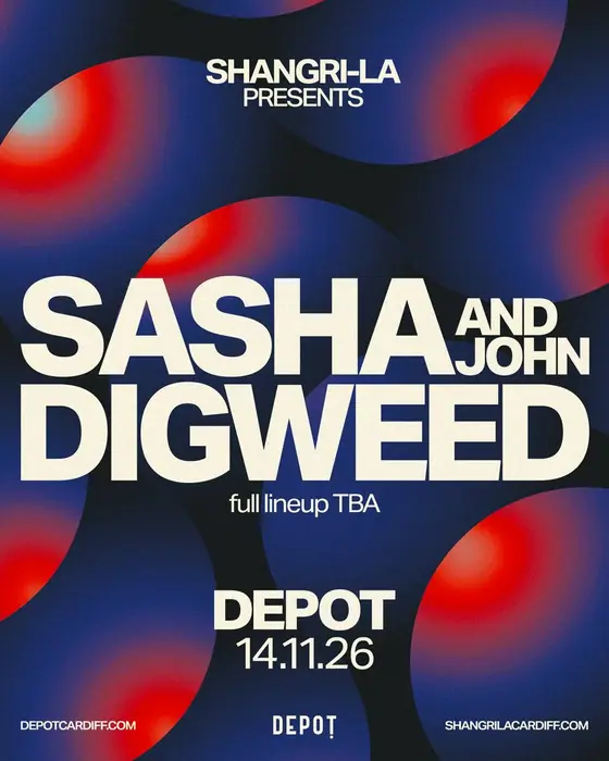 Affiche officielle de Shangri-La Presents: Sasha & John Digweed (Depot, Cardiff, Royaume-Uni, 14 novembre 2026)