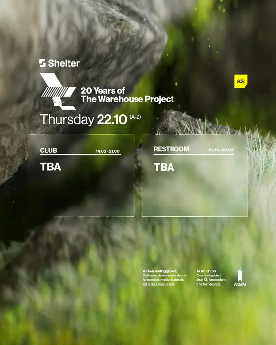 Affiche officielle de Shelter ADE: 20 Years of The Warehouse Project (Shelter, Amsterdam, Pays-Bas, 22 octobre 2026)