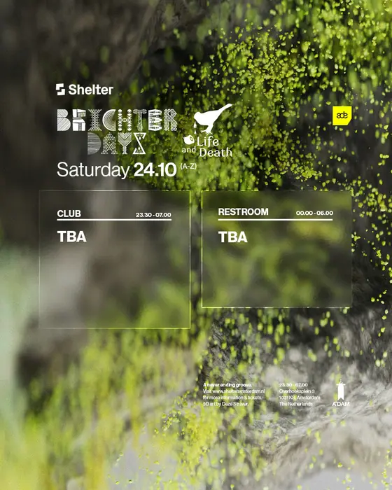 Affiche officielle de Shelter ADE: Brighter Days x Life and Death (Shelter, Amsterdam, Pays-Bas, 24 octobre 2026)