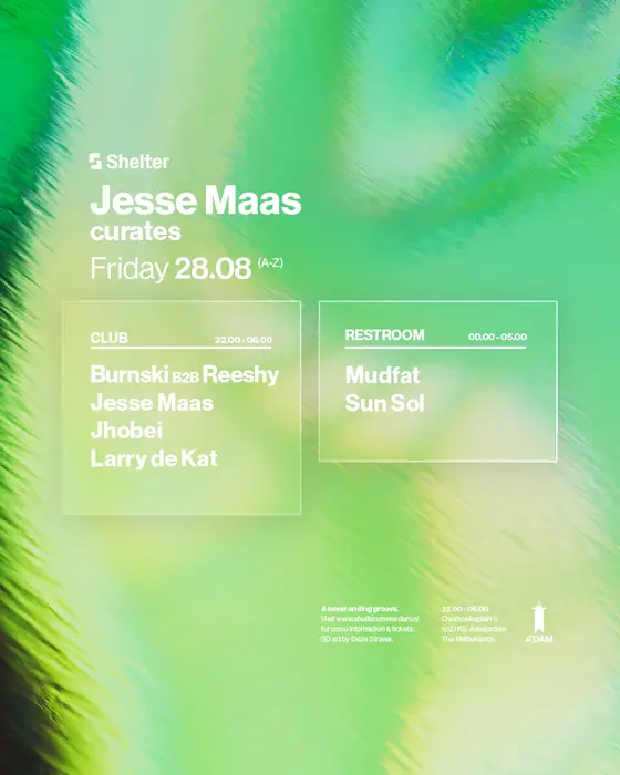 Affiche officielle de Shelter: Jesse Maas Curates (Shelter, Amsterdam, Pays-Bas, 28 août 2026)