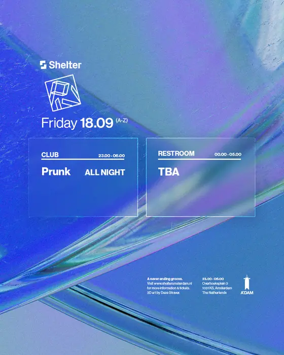 Affiche officielle de Shelter: PIV with Prunk (Shelter, Amsterdam, Pays-Bas, 18 septembre 2026)