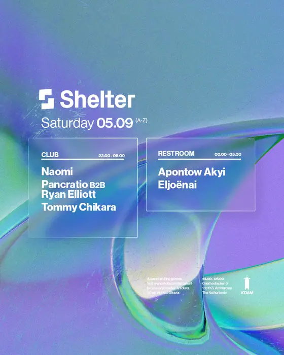 Affiche officielle de Shelter: Ryan Elliott b2b Pancratio (Shelter, Amsterdam, Pays-Bas, 5 septembre 2026)