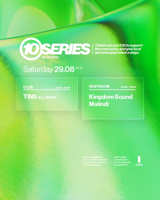 Affiche officielle de Shelter: Tins All Night (Shelter, Amsterdam, Pays-Bas, 29 août 2026)