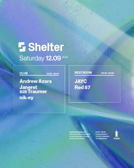 Affiche officielle de Shelter: Traumer b2b Janeret (Shelter, Amsterdam, Pays-Bas, 12 septembre 2026)