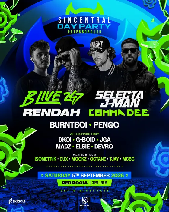 Affiche officielle de Sin Central ft Rendah w B Live 247 & Selecta J-man w Comma Dee (Embassy Flares Redroom, Peterborough, Royaume-Uni, 5 septembre 2026)
