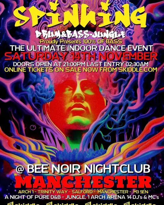 Affiche officielle de Spinning D&B - 100% of Bass Ft Drumsound&Bassline Smith & DJ SS (Bee Noir, Manchester, Royaume-Uni, 14 novembre 2026)