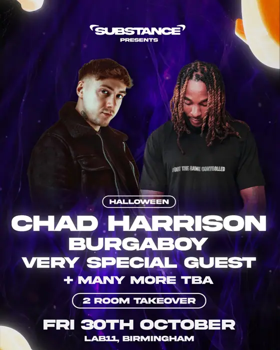 Affiche officielle de Substance Halloween w/ Chad Harrison, Burgaboy + Special Guest (LAB11, Birmingham, Royaume-Uni, 30 octobre 2026)