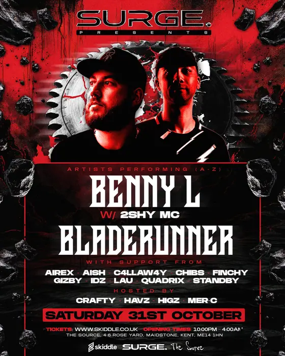 Official poster for SURGE Presents: Halloween | BENNY L w/ 2SHY MC & BLADERUNNER (The Source, Maidstone, UK, 31 October 2026)