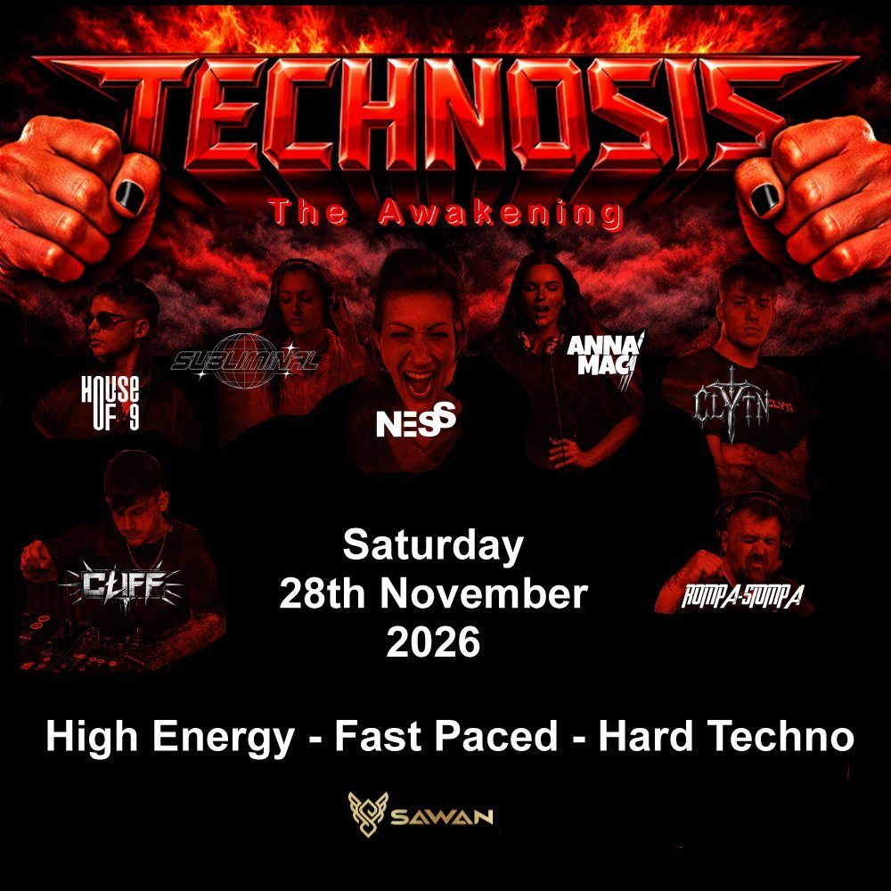 Affiche officielle de TECHNOSIS - The Awakening (Sawan Club, Plymouth, Royaume-Uni, 28 novembre 2026)