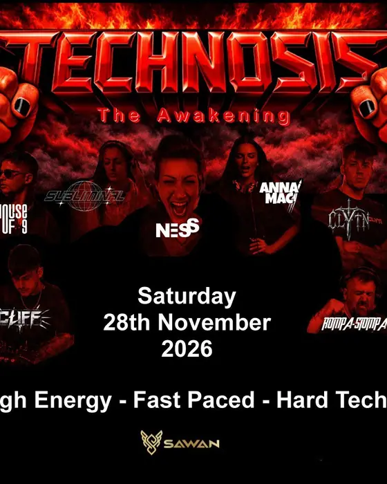 Affiche officielle de TECHNOSIS - The Awakening (Sawan Club, Plymouth, Royaume-Uni, 28 novembre 2026)