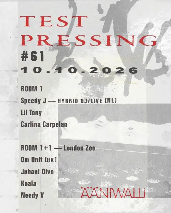 Affiche officielle de Test Pressing : Speedy J à l'Ääniwalli (Ääniwalli, Helsinki, Finlande, 10 octobre 2026)