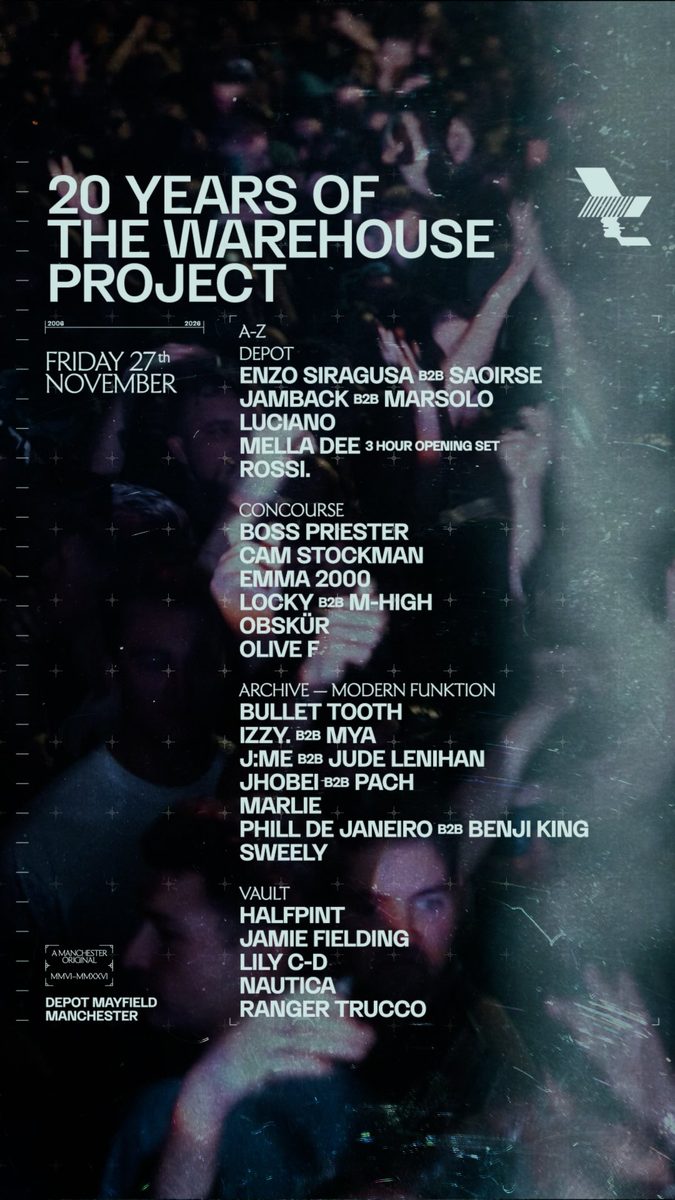 Affiche officielle de The Warehouse Project: 20 Years (Depot Mayfield, Manchester, Royaume-Uni, 27 novembre 2026)