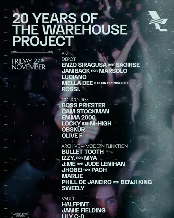 Official poster for The Warehouse Project: 20 Years (Depot Mayfield, Manchester, UK, 27 November 2026)