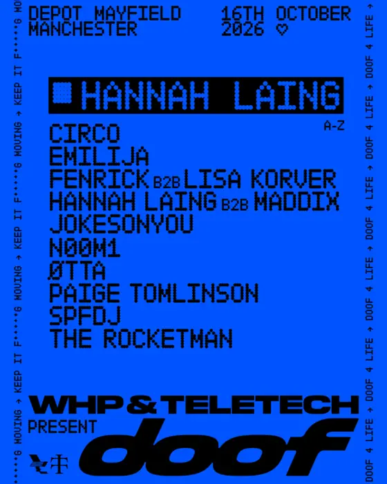Affiche officielle de The Warehouse Project: doof – Hannah Laing (Depot Mayfield, Manchester, Royaume-Uni, 16 octobre 2026)
