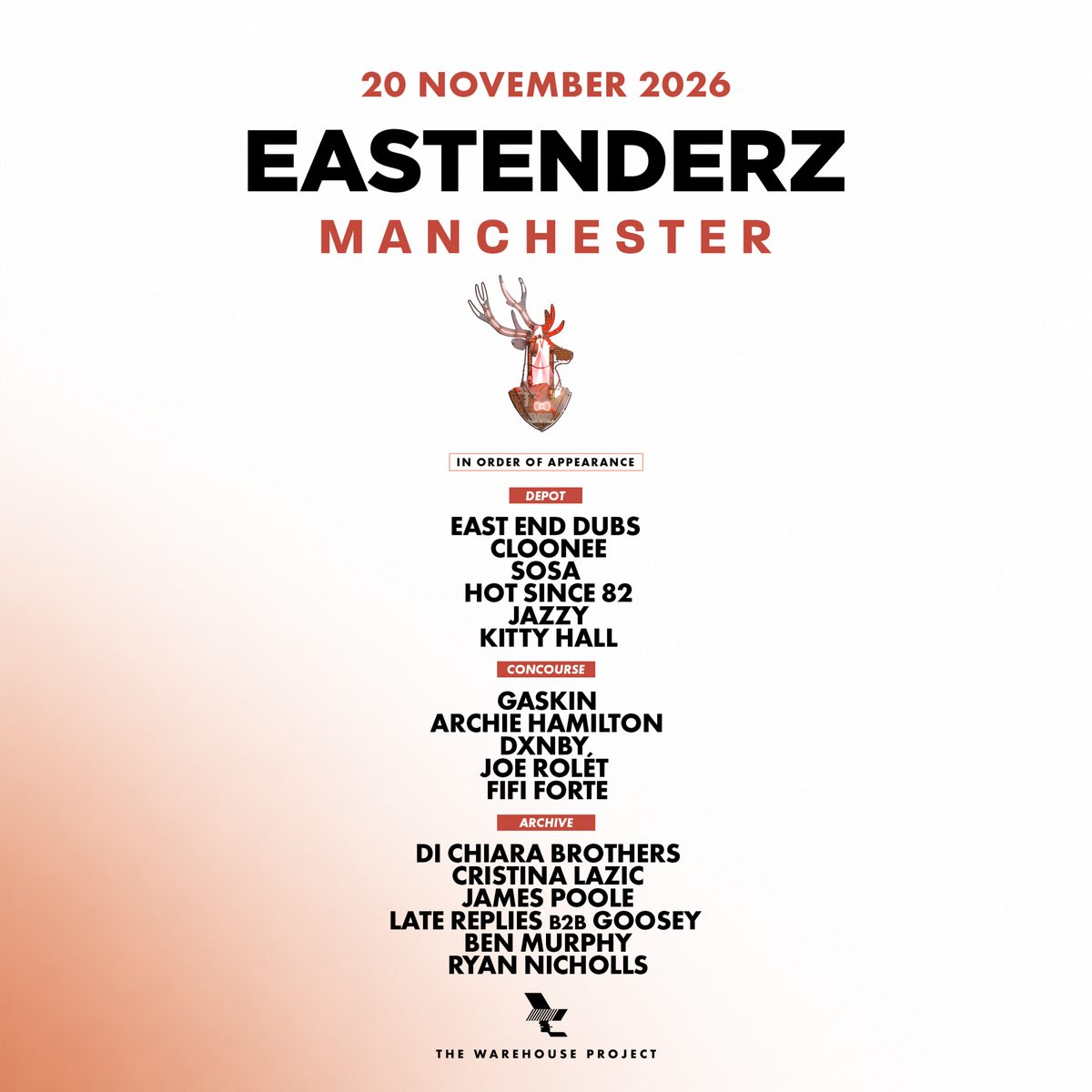Affiche officielle de The Warehouse Project: EastEnderz (Depot Mayfield, Manchester, Royaume-Uni, 20 novembre 2026)
