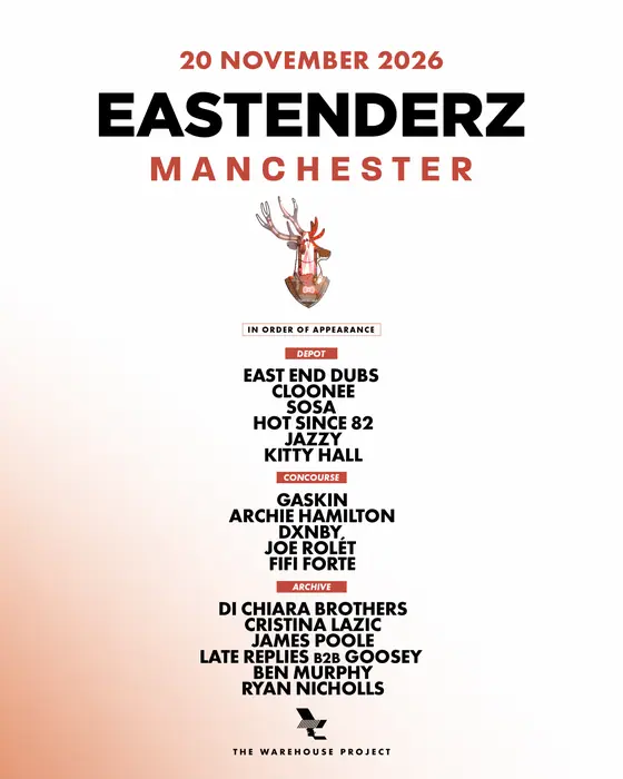 Affiche officielle de The Warehouse Project: EastEnderz (Depot Mayfield, Manchester, Royaume-Uni, 20 novembre 2026)