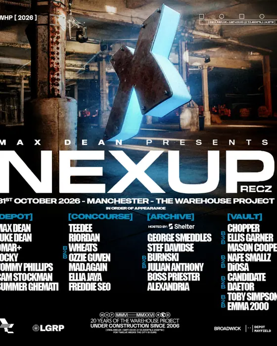Affiche officielle de The Warehouse Project: NexUp (Depot Mayfield, Manchester, Royaume-Uni, 31 octobre 2026)