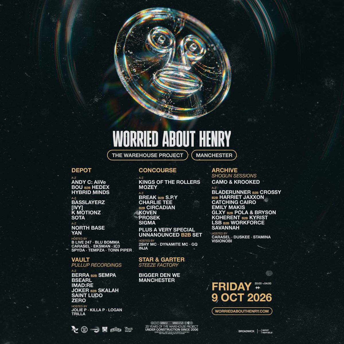 Affiche officielle de The Warehouse Project: Worried About Henry (Depot Mayfield, Manchester, Royaume-Uni, 9 octobre 2026)