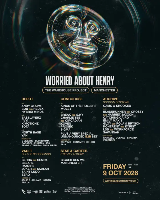 Affiche officielle de The Warehouse Project: Worried About Henry (Depot Mayfield, Manchester, Royaume-Uni, 9 octobre 2026)