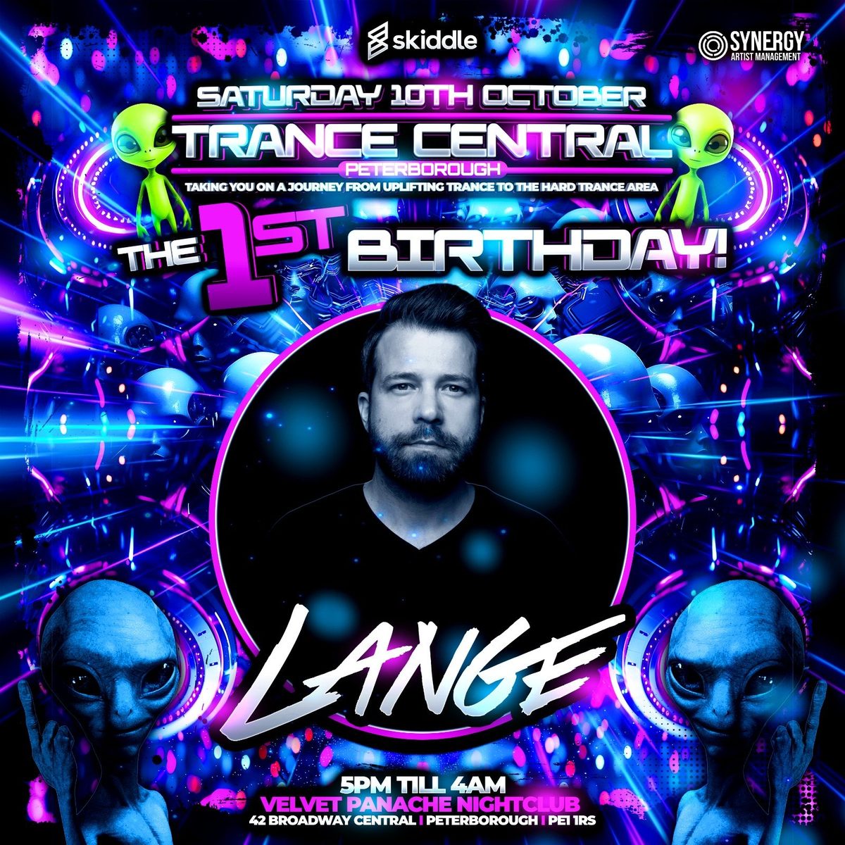 Affiche officielle de Trance Central Peterborough The 1st Birthday with Lange! (Velvet Panache, Peterborough, Royaume-Uni, 10 octobre 2026)