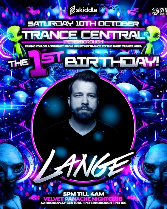 Affiche officielle de Trance Central Peterborough The 1st Birthday with Lange! (Velvet Panache, Peterborough, Royaume-Uni, 10 octobre 2026)