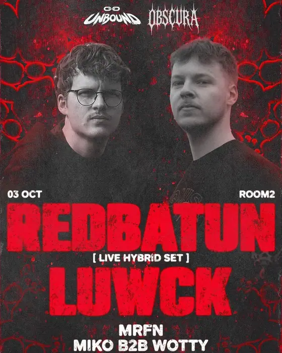 Affiche officielle de Unbound x Obscura presents: Redbatun & Luwck (Room 2, Glasgow, Royaume-Uni, 3 octobre 2026)