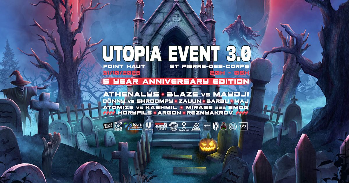 Affiche officielle de Utopia Event 3.0 | 5 Ans (Point HAUT, lieu de création urbaine, Saint-Pierre-des-Corps, France, 31 octobre 2026)
