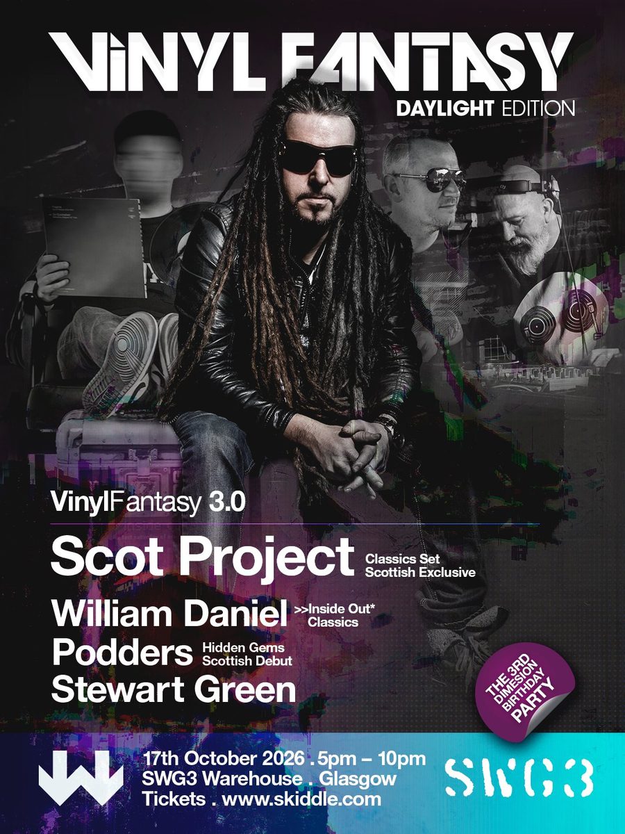 Affiche officielle de Vinyl Fantasy 3.0. The Third Dimension Birthday Party (SWG3 Warehouse, Glasgow, Royaume-Uni, 17 octobre 2026)