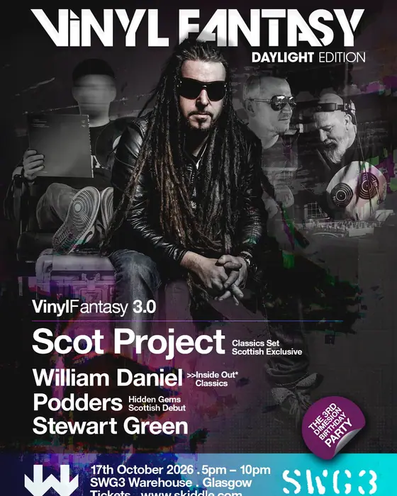 Affiche officielle de Vinyl Fantasy 3.0. The Third Dimension Birthday Party (SWG3 Warehouse, Glasgow, Royaume-Uni, 17 octobre 2026)