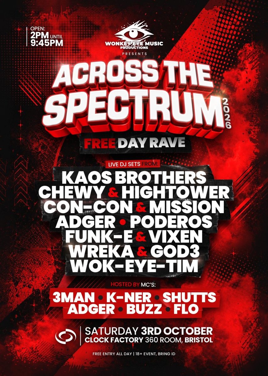 Affiche officielle de Wonkey Eye Music Productions - 360 Degree free Day Rave. (Clock Factory, Bristol, Royaume-Uni, 3 octobre 2026)
