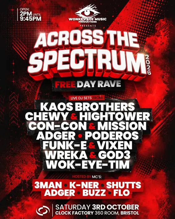 Affiche officielle de Wonkey Eye Music Productions - 360 Degree free Day Rave. (Clock Factory, Bristol, Royaume-Uni, 3 octobre 2026)